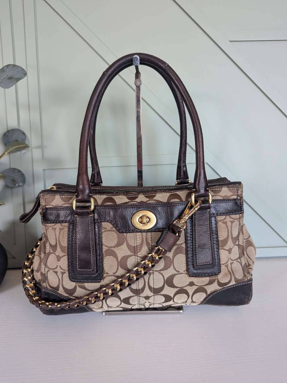 Coach Signature Canvas and Leather Satchel in Khaki/Brown